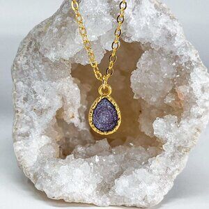 3/$20 14k Gold Dark Purple Glitter Resin Teardrop Handmade Pendant Necklace